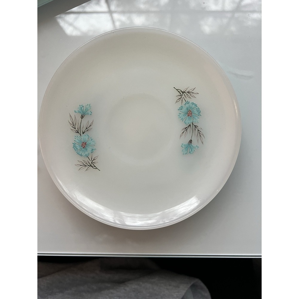 Set Of 4 Vintage Fire King Bonnie Blue Floral Saucer Plate Teal Flower MCM White - Picture 2 of 8